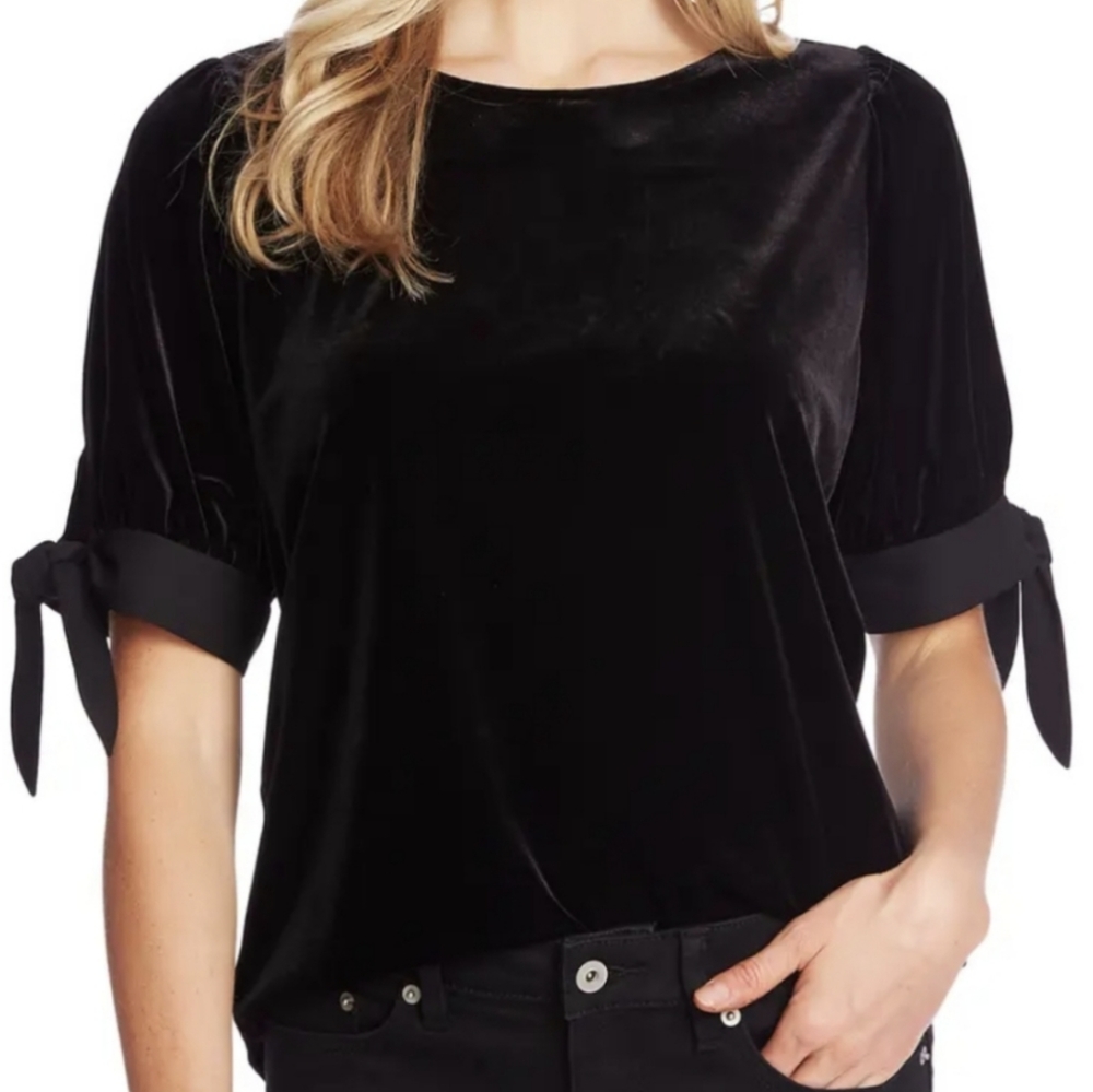 CeCe Tie Cuff Sleeve Stretch Velvet Top